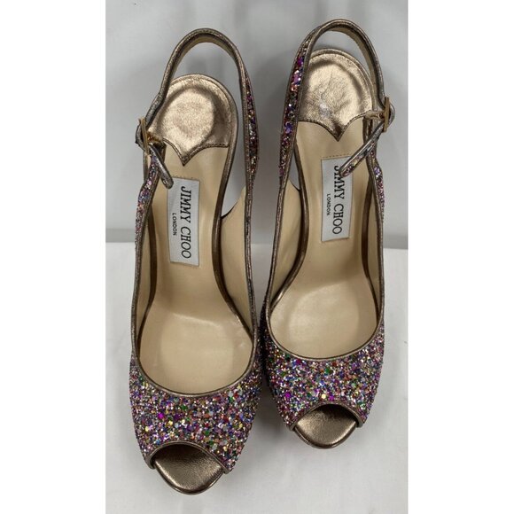 Jimmy Choo CLUE Glitter Gold Slingback Platform Open Toe Sandals Shoes Sz 38.5 - Picture 4 of 16